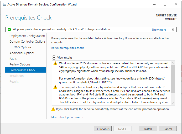 AD DS wizard prerequisites check showing all green checkmarks and ready to install